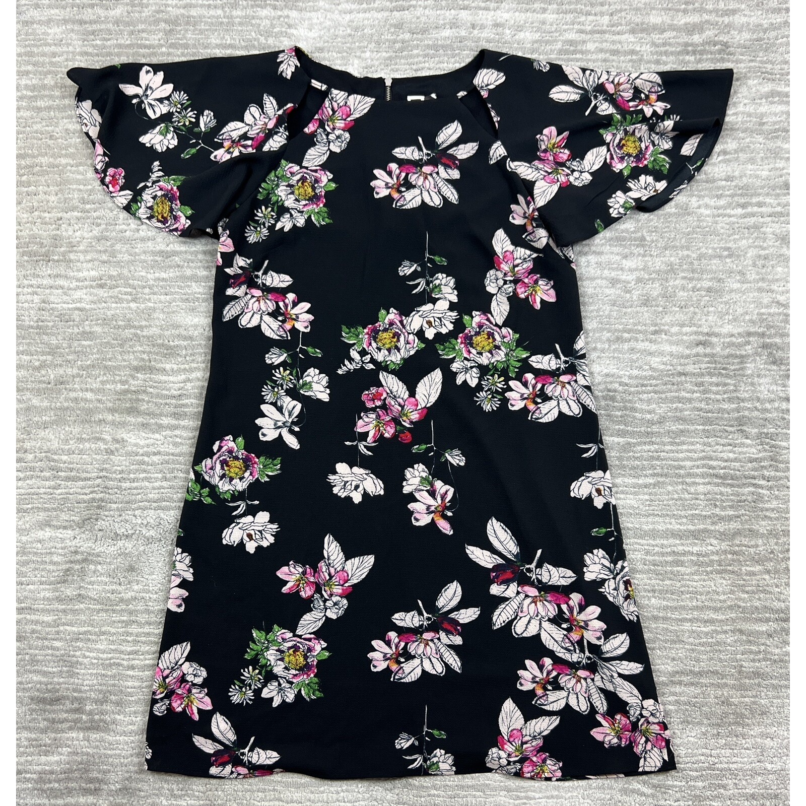 Julian Taylor Dress Womens 10 Black Floral Flutter Sleeve Mini Shift Cocktail